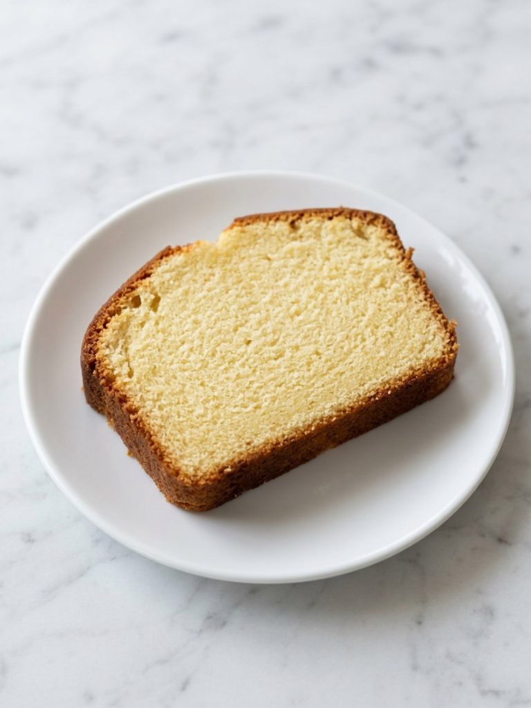 A thick slice of pound cake with a fine pale crumb and golden crust on a white plate