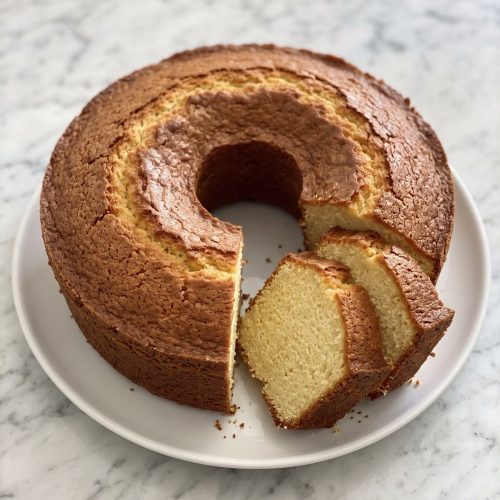 A tall golden pound cake baked in a tube pan with two slices cut