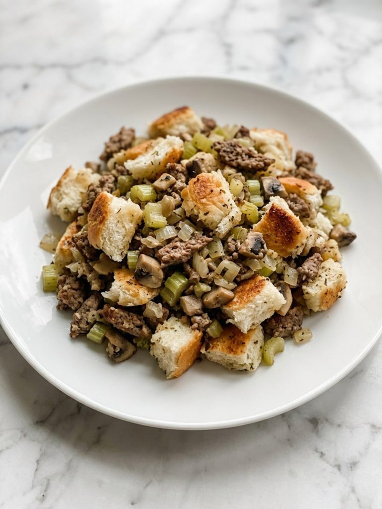 A scoop of slider stuffing with bun, beef, celery and mushrooms on a white plate