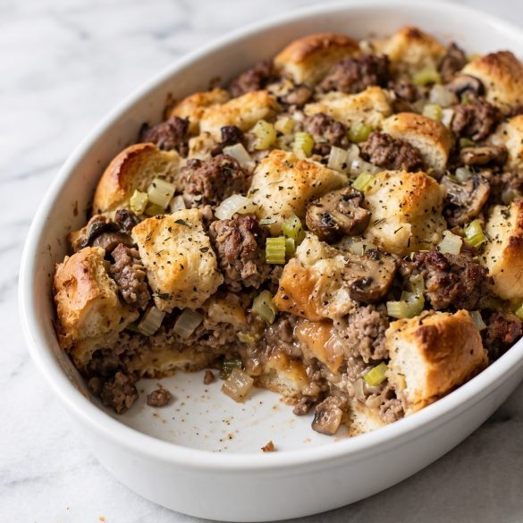 A casserole dish of browned slider stuffing with celery and mushrooms
