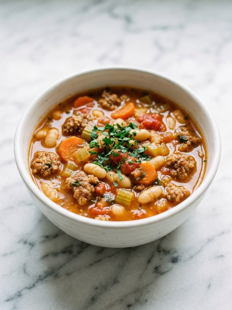A white bowl of chunky white bean and Italian sausage soup in tomato broth