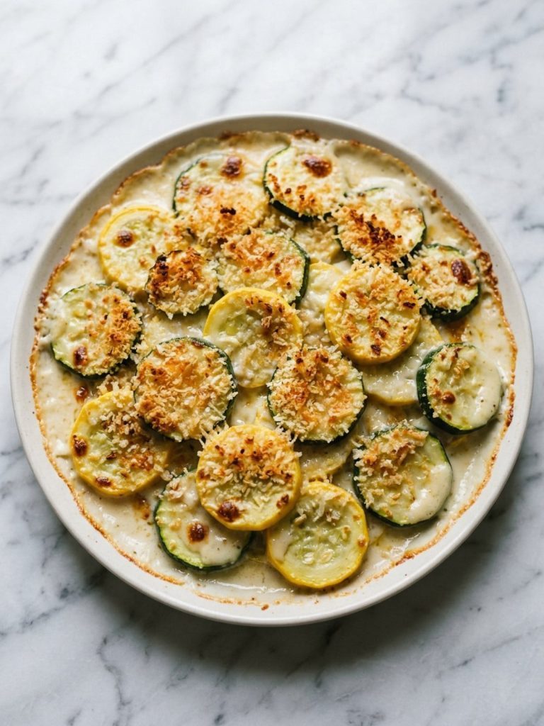 A serving of zucchini and yellow squash in cream sauce with crisp golden crumbs on a white plate