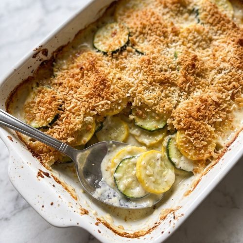 A baking dish of zucchini and yellow squash au gratin with a golden panko and Parmesan topping