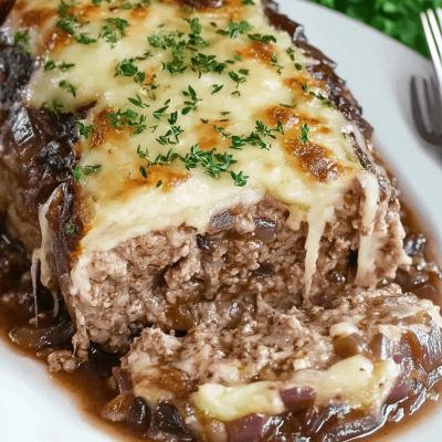 Sliced French onion meatloaf topped with melted cheese and parsley