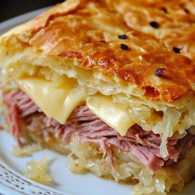 Slice of Reuben crescent bake with corned beef and melted cheese